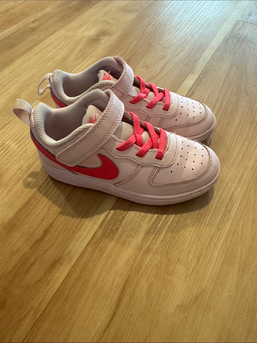 Nike Court Borough Low Top Kids Light Pink Sneakers with Hot Pink Swoosh